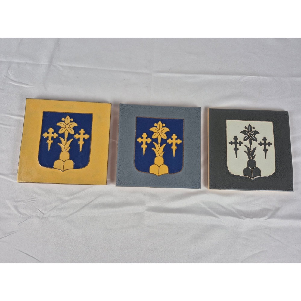 Vintage Ceramic Art Tile Plaque 3 Heraldic Shield Fleur De Lis Cross Wall Decor